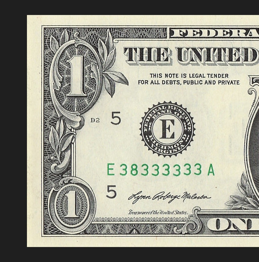 Seven of a Kind 3s One Dollar Bill Fancy Serial Number 2021 $1 EA Block