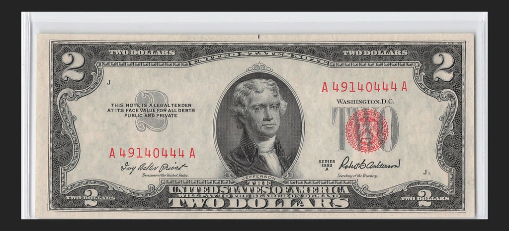 Five of a Kind 4s Fancy Serial Number Two Dollar Red Seal $2 1953A
