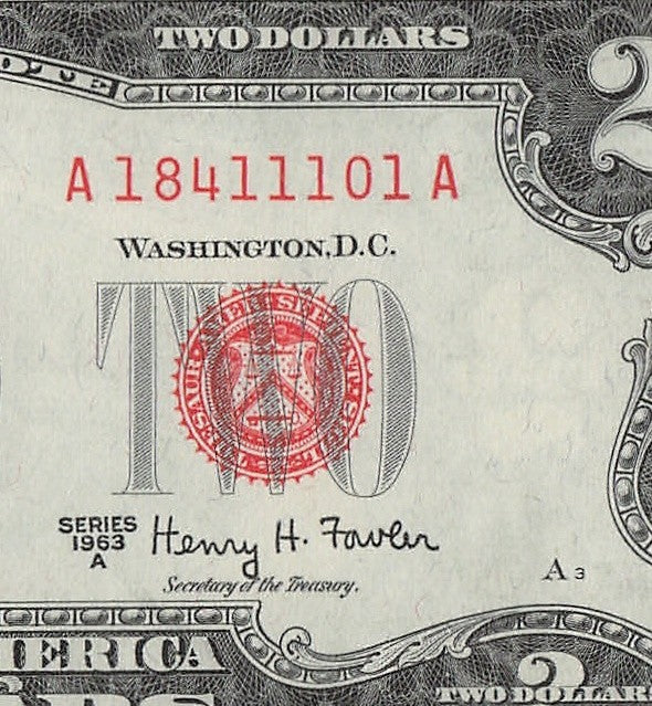 Five of a Kind 1s Fancy Serial Number Two Dollar Red Seal $2 1963A