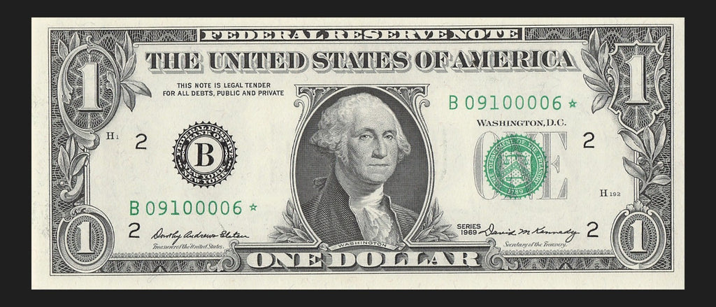 Star Note One Dollar Bill 1969 $1 B* Block New York Run 15 640K UNC Five kind 0s