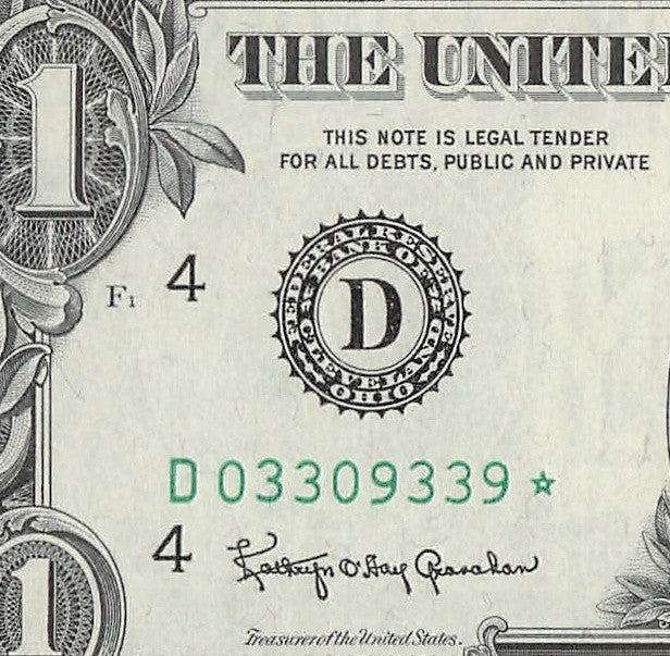 Star Note One Dollar Bill 1963 $1 D* Block Cleveland Run 1 Low Serial Trinary