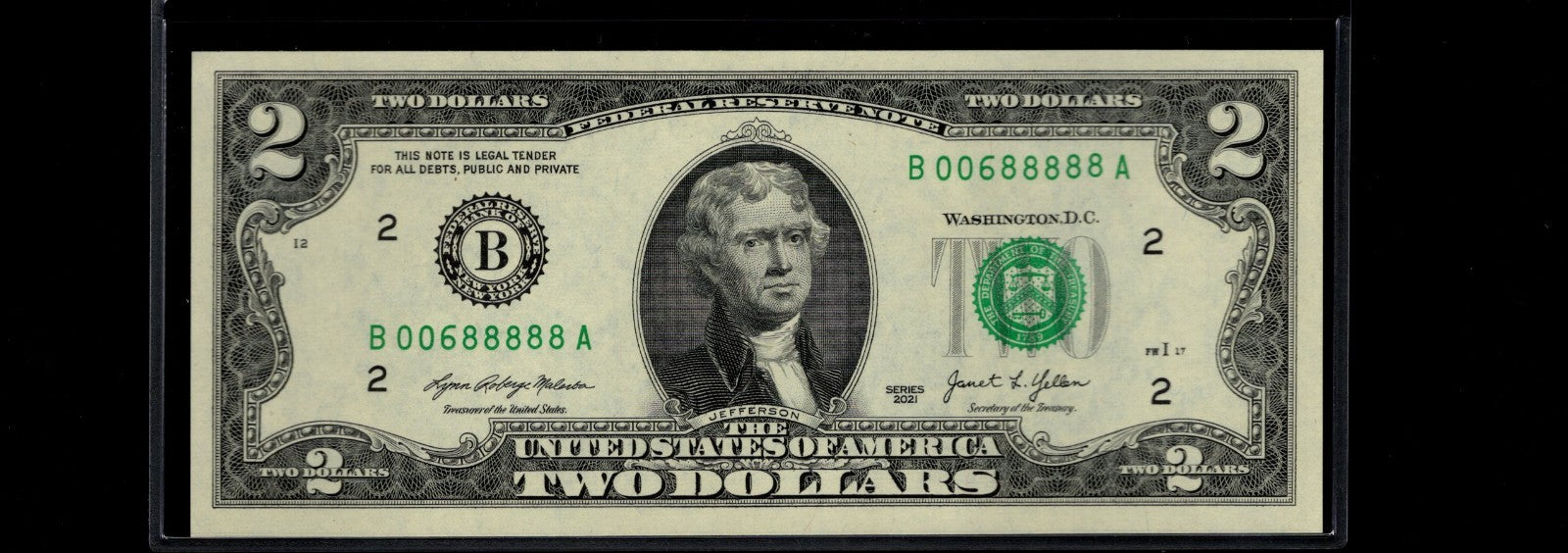NEW 2021 $2 Flipper Fancy Serial Number Two Dollar Bill 0s 6s 8s Five in a Row