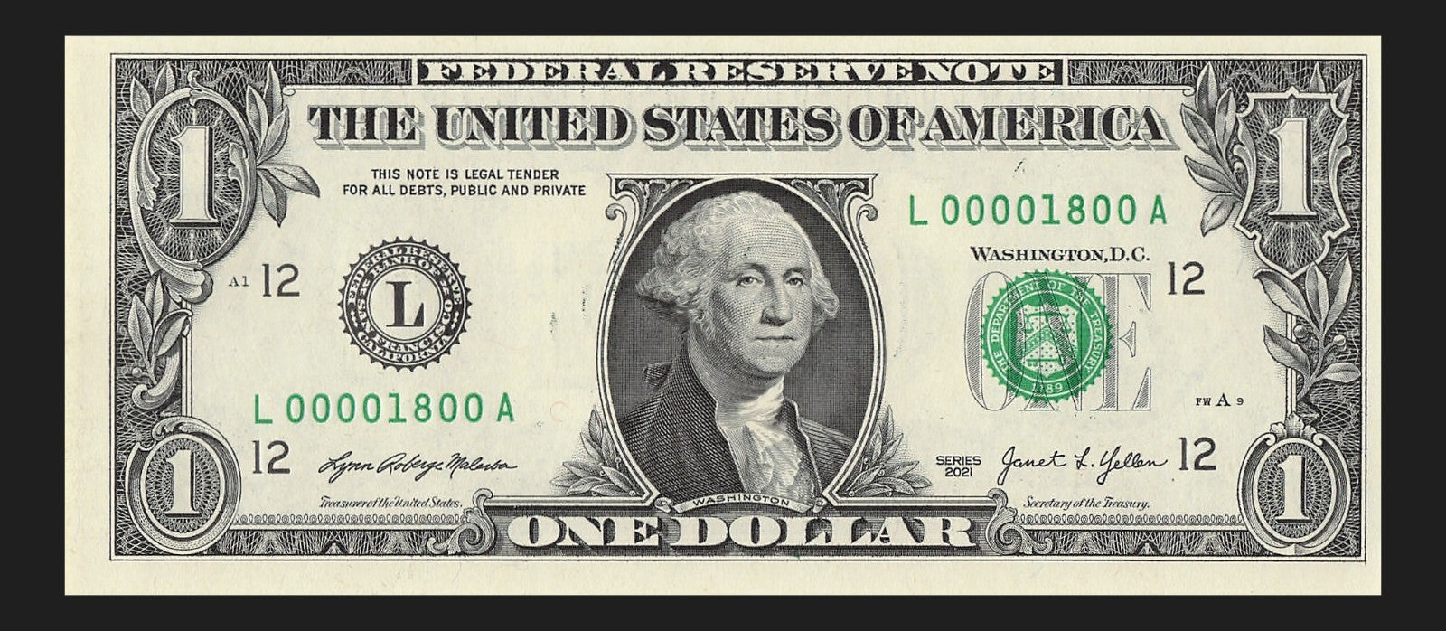 Low Serial Number One Dollar Bill 18 2021 LA Block $1