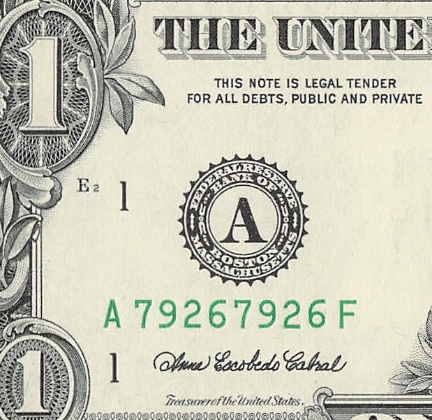 Repeater Fancy Serial Number One Dollar Bill 2s 7s 6s 9s 2006 AF Block