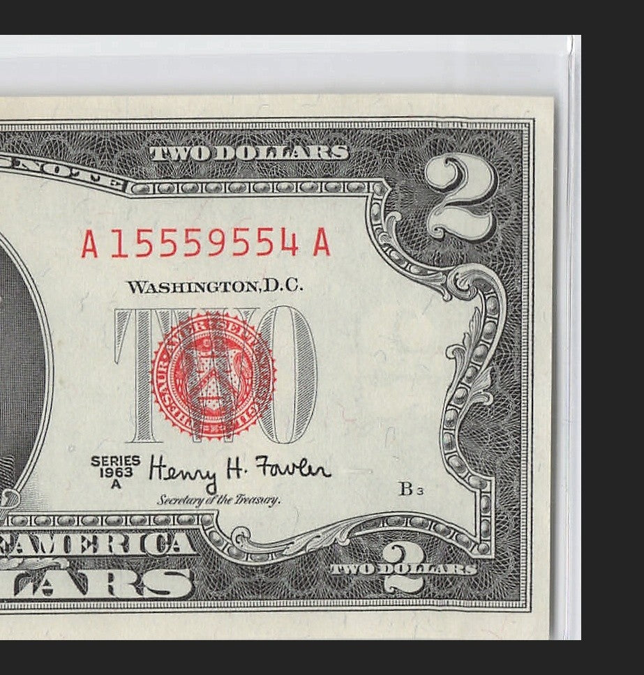 Five of a Kind 5s Fancy Serial Number Two Dollar Red Seal $2 1963A