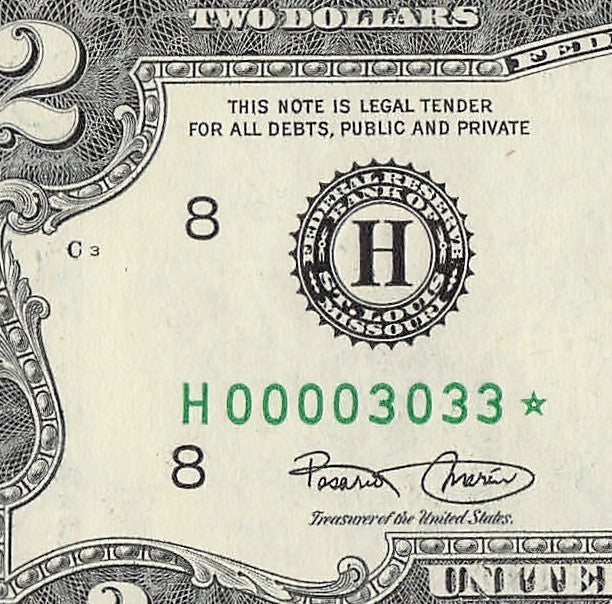 Binary Low Serial Number Star Note Two Dollar Bill H00003033* 3s 0s St Louis