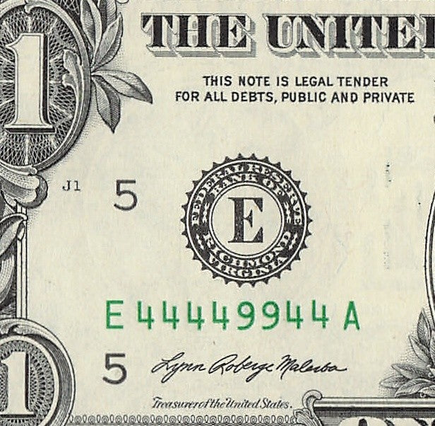 Binary Fancy Serial Number One Dollar Bill 2021 $1 Six of a Kind 4s 9s