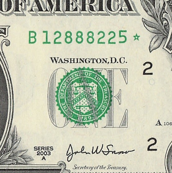 Star Note One Dollar Bill 2003A $1 B* Block New York Run 5 320K Sheet