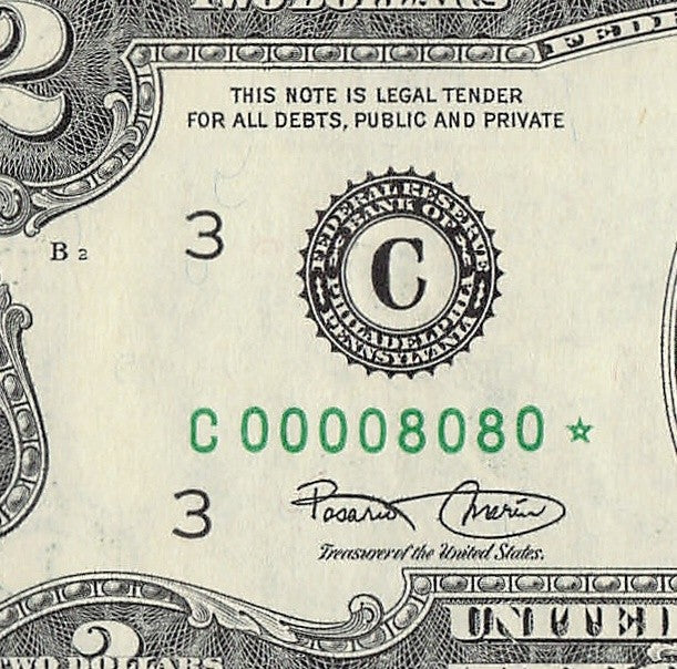 Binary Low Serial Number Star Note Two Dollar Bill C00008080* 8s 0s Philadelphia