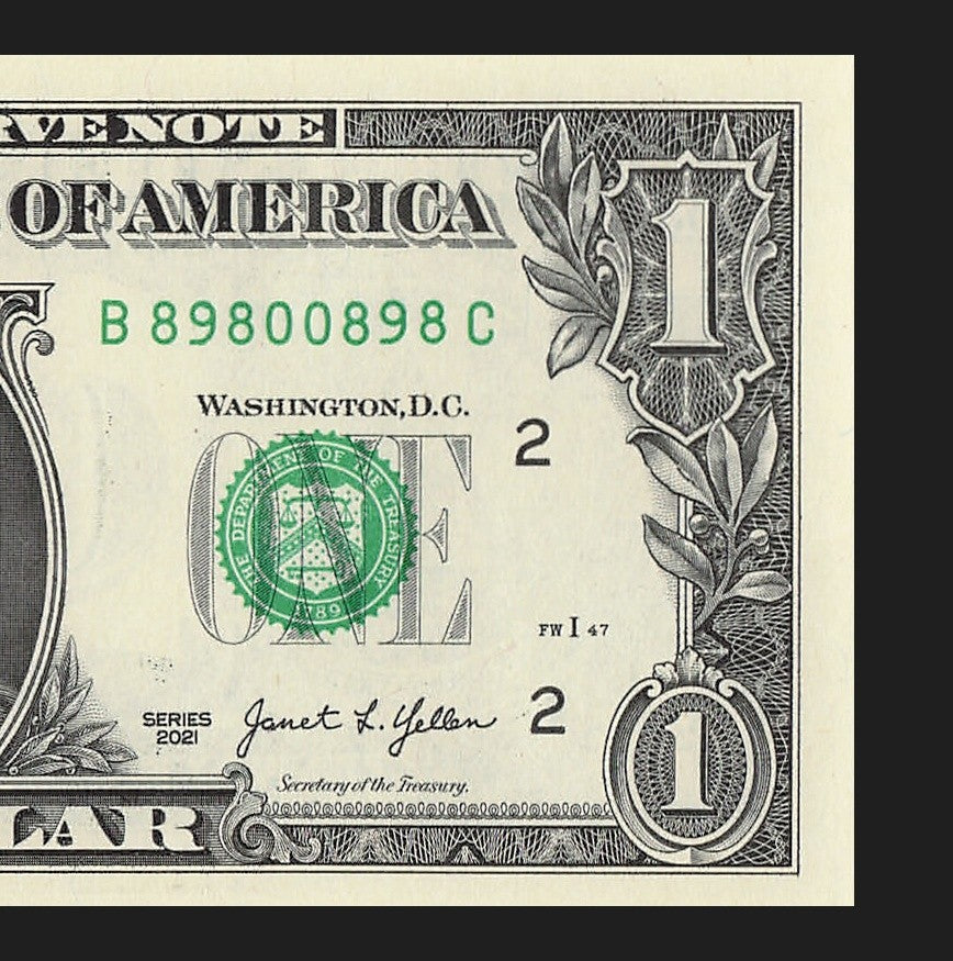Radar Fancy Serial Number One Dollar Bill 2021 $1 BC Palindrome 0s 8s 9s Flipper