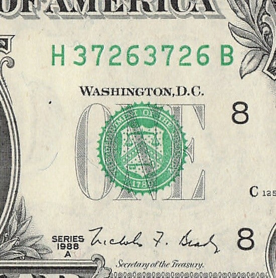 Repeater Fancy Serial Number One Dollar Bill 2s 3s 6s 7s 1988A HB Block