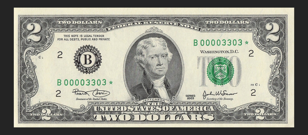 Binary Low Serial Number Star Note Two Dollar Bill B00003303* 0s 3s New York