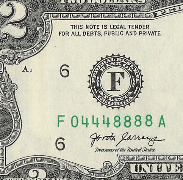 Two Dollar Bill Fancy Serial Number 2017A $2 Triple Quad Trinary 0s 4s 8s