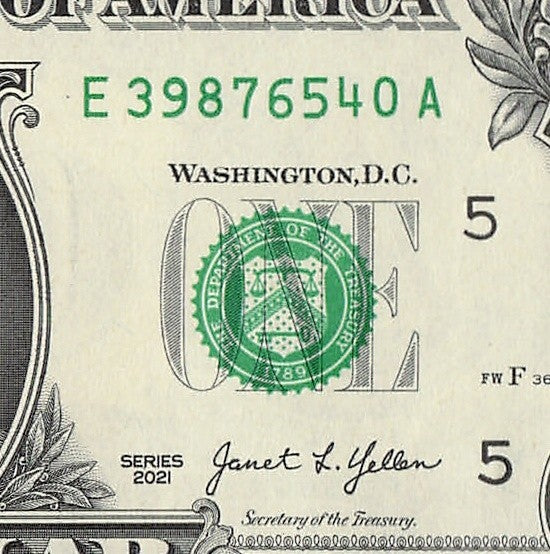 Six Digit Ladder Fancy Serial Number One Dollar Bill 9s 8s 7s 6s 5s 4s 2021 $1