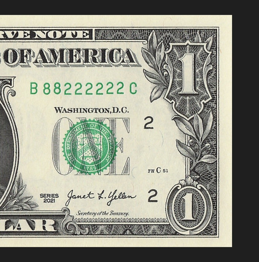 Binary Fancy Serial Number One Dollar Bill 2021 $1 BC Block 2s 8s Six in a Row