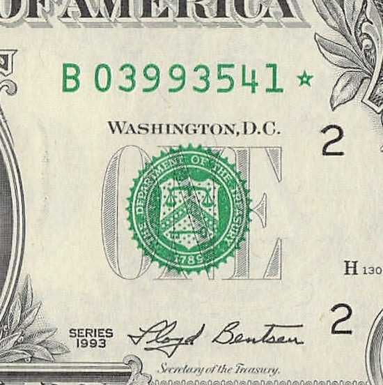 Star Note One Dollar Bill 1993 $1 B* Block New York Run 2 640K Run UNC