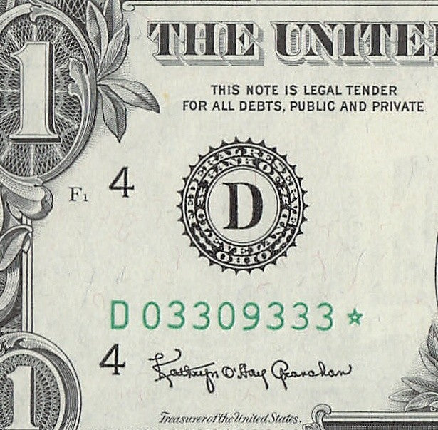 Star Note One Dollar Bill 1963 $1 D* Block Cleveland Run 1 Low Serial Trinary