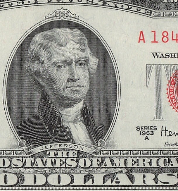 Five of a Kind 1s Fancy Serial Number Two Dollar Red Seal $2 1963A