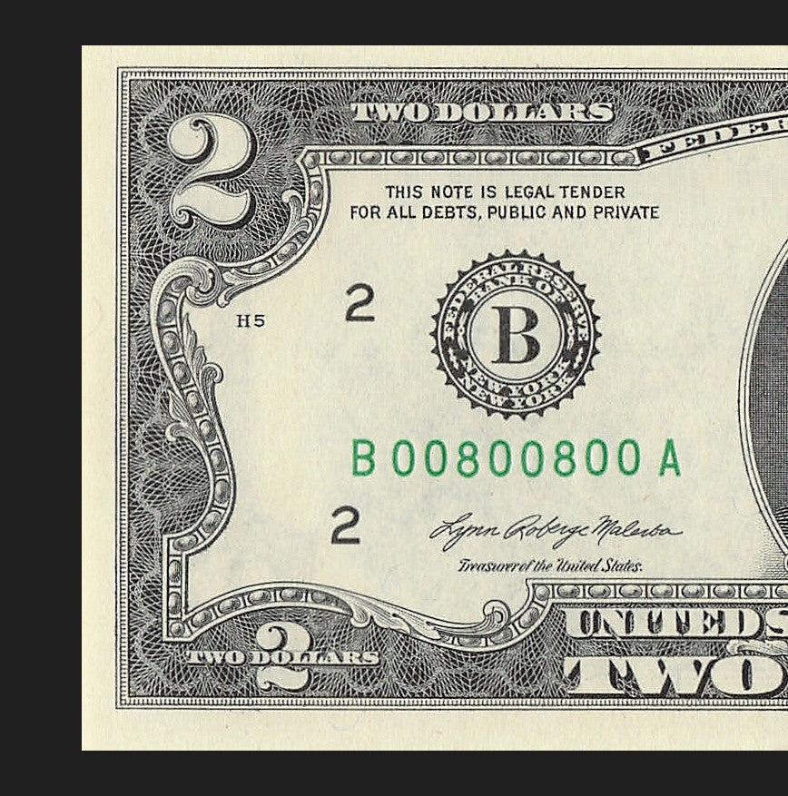 2021 $2 Two Dollar Bill Binary Radar Fancy Serial Number 0s 8s Janet Yellen