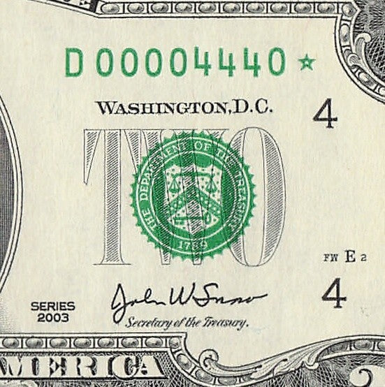 Binary Low Serial Number Star Note Two Dollar Bill D00004440* 4s 0s Cleveland
