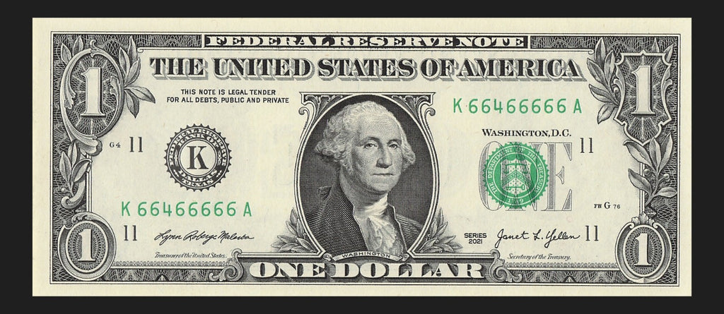 Seven of a Kind 6s One Dollar Bill Fancy Serial Number 2021 $1 KA Block