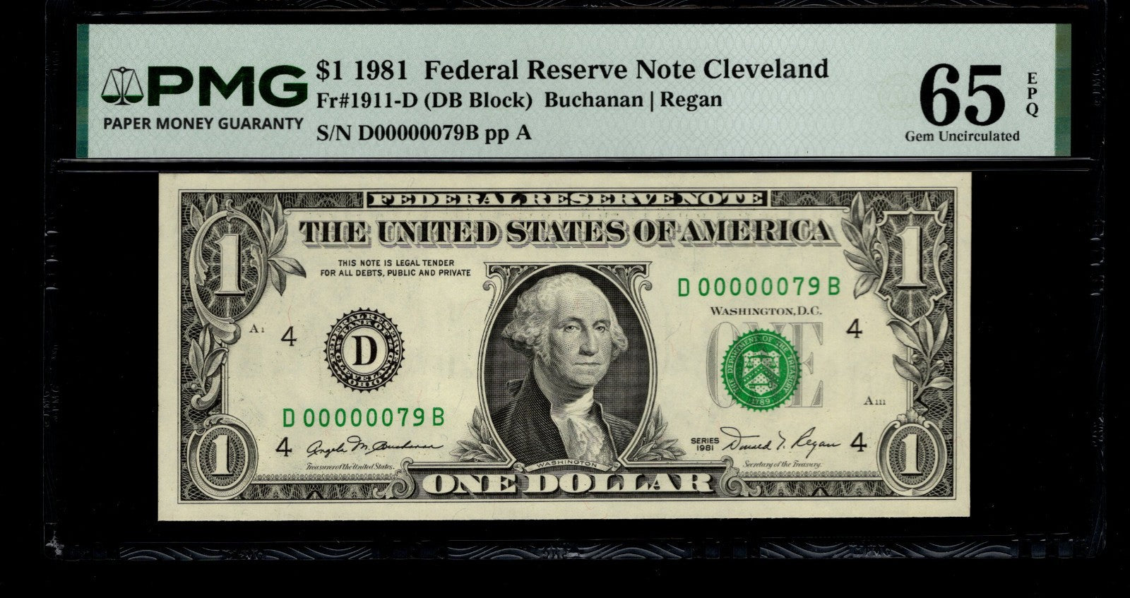Low Serial Number 79 Fancy Serial Number One Dollar Bill PMG D00000079B