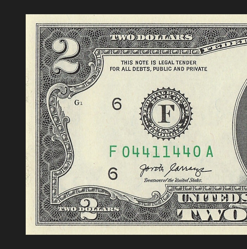 Radar Two Dollar Bill Fancy Serial Number 2017A $2 Palindrome Trinary 0s 1s 4s
