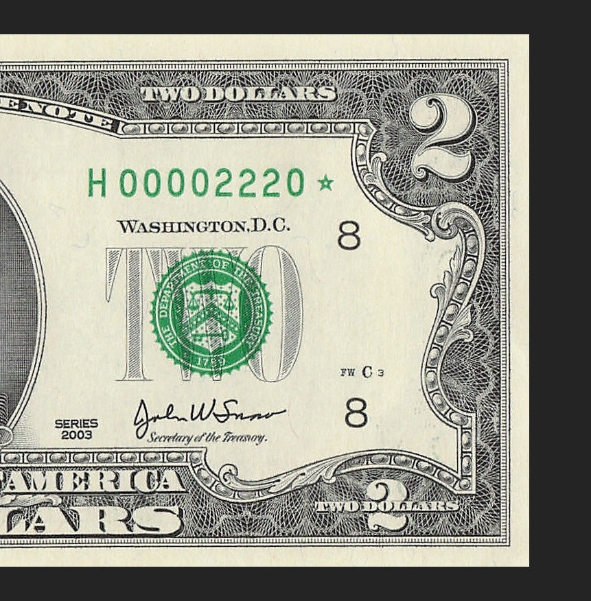 Binary Low Serial Number Star Note Two Dollar Bill H00002220* 2s 0s St Louis