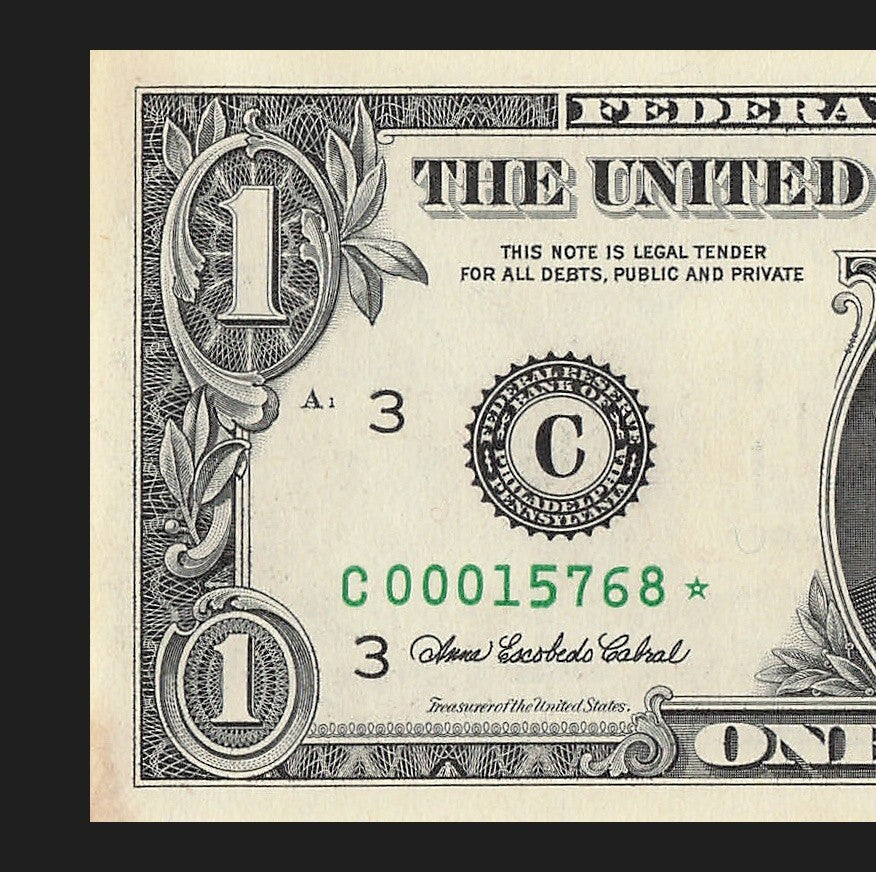 Star Note One Dollar Bill 2003A $1 C* Block Philadelphia Run 1 Low Serial Number