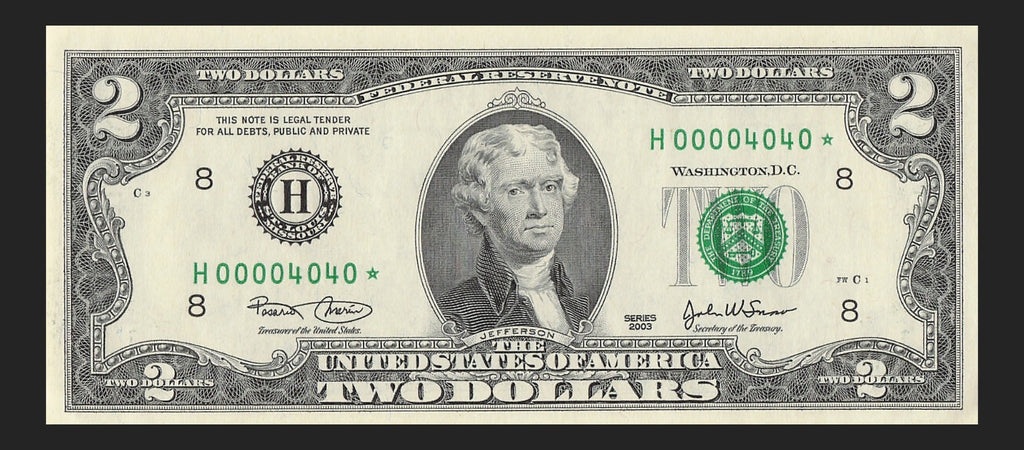 Binary Low Serial Number Star Note Two Dollar Bill H00004040* 4s 0s St Louis