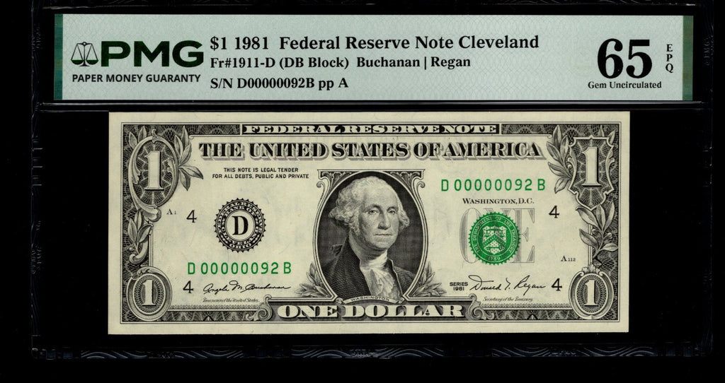 Low Serial Number 92 Fancy Serial Number One Dollar Bill PMG D0000092B