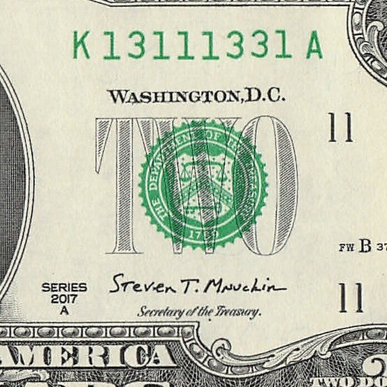 Binary Two Dollar Bill Fancy Serial Number 2017A $2 Dallas Binary 3s 1s