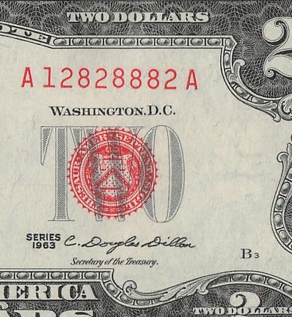 Trinary Fancy Serial Number Two Dollar Red Seal 1963 1s 2s 8s