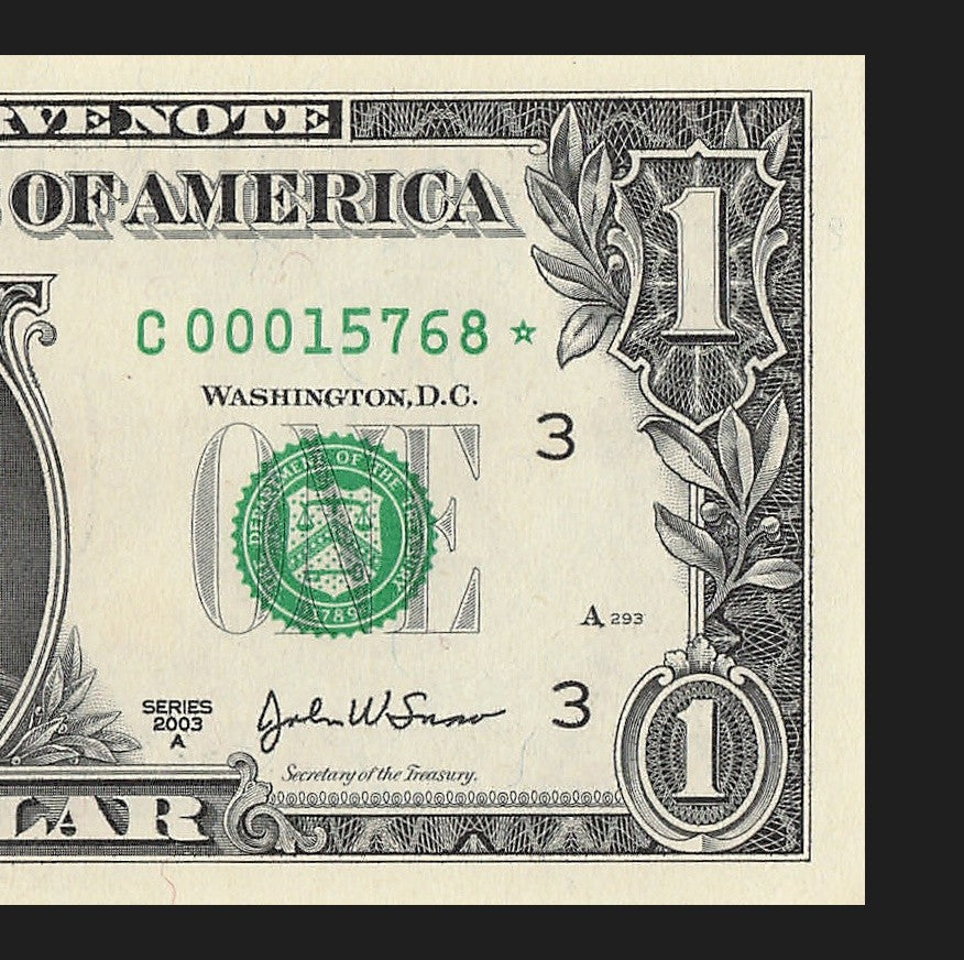 Star Note One Dollar Bill 2003A $1 C* Block Philadelphia Run 1 Low Serial Number