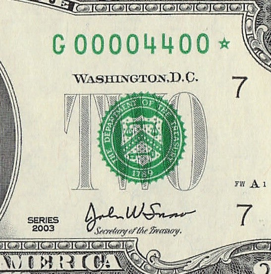 Binary Low Serial Number Star Note Two Dollar Bill G00004400* 4s 0s Chicago
