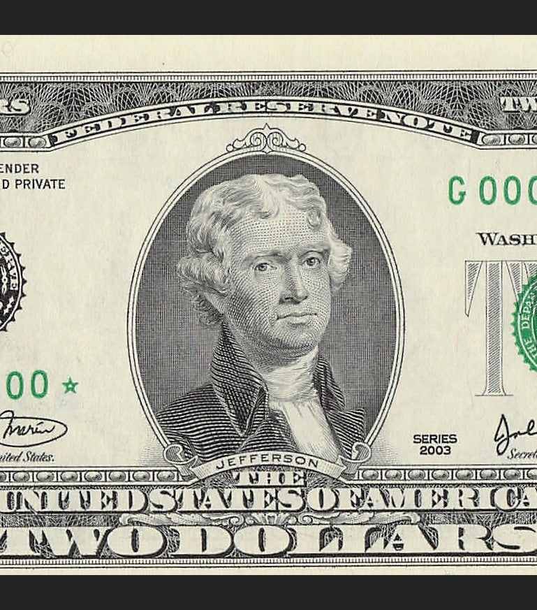 Binary Low Serial Number Star Note Two Dollar Bill G00004400* 4s 0s Chicago