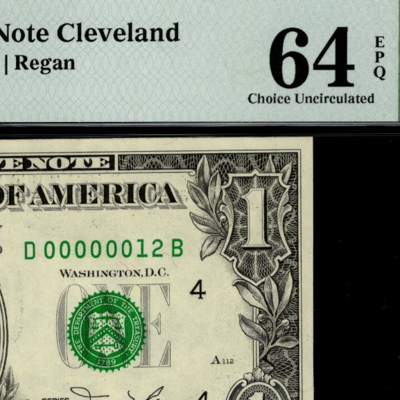 Low Serial Number 12 Fancy Serial Number One Dollar Bill PMG D00000012B