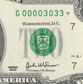 Binary Low Serial Number Star Note Two Dollar Bill G00003033* 3s 0s Chicago
