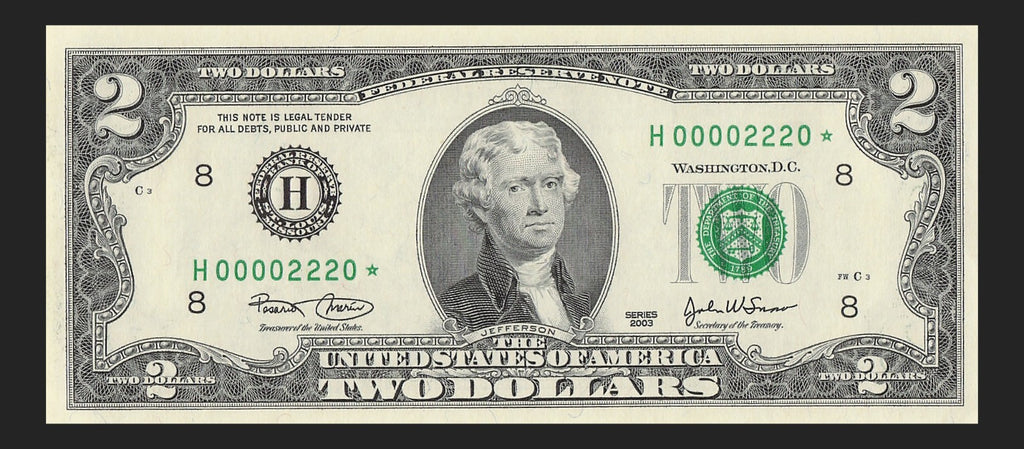 Binary Low Serial Number Star Note Two Dollar Bill H00002220* 2s 0s St Louis