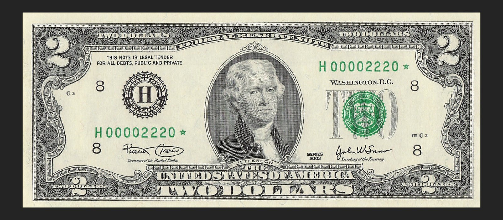Binary Low Serial Number Star Note Two Dollar Bill H00002220* 2s 0s St Louis