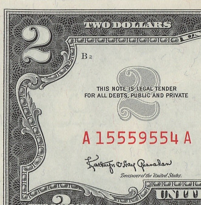 Five of a Kind 5s Fancy Serial Number Two Dollar Red Seal $2 1963A