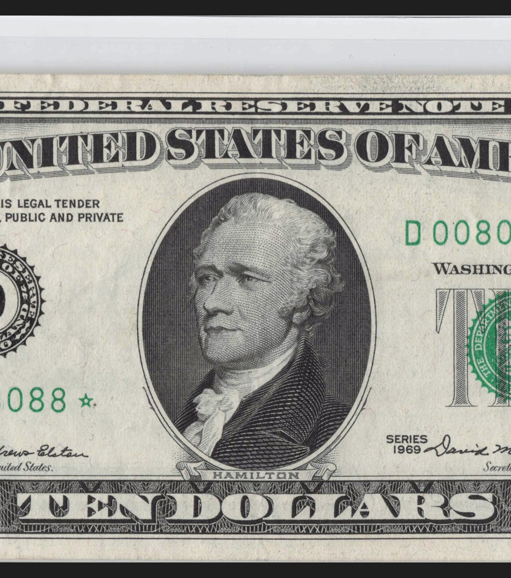 Binary Flipper 0s 8s Fancy Serial Number Star Note Ten Dollar Bill 1969 D* Block