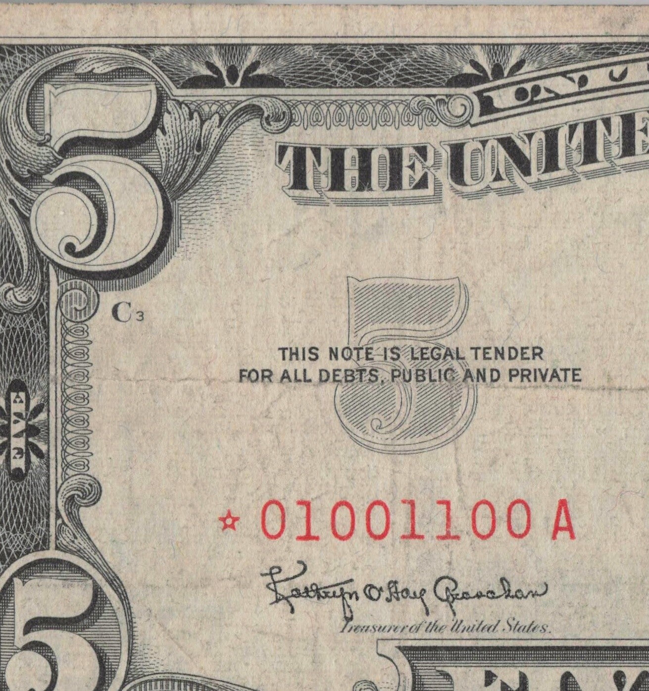 True Binary Star Note 0s 1s Fancy Serial Number Five Dollar Red Seal 1963