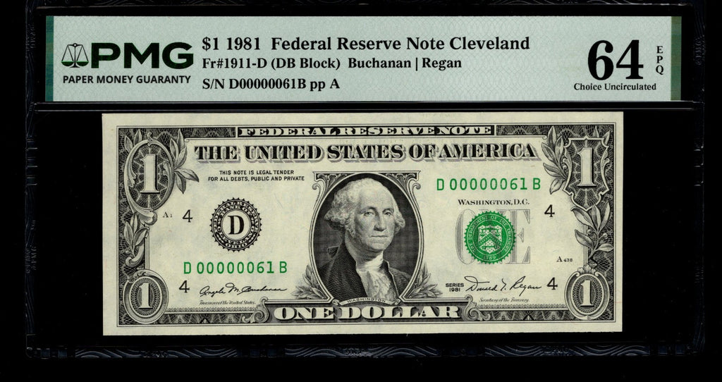 Low Serial Number 61 Fancy Serial Number One Dollar Bill PMG D00000061B