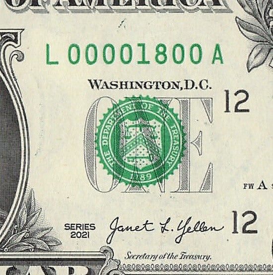 Low Serial Number One Dollar Bill 18 2021 LA Block $1