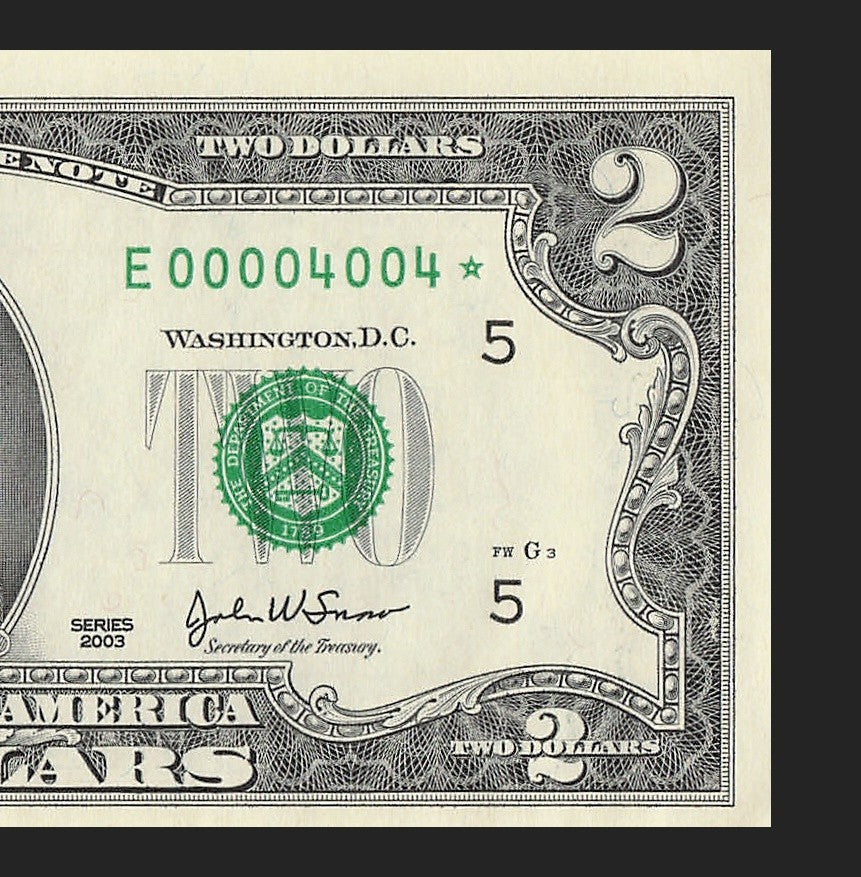 Binary Low Serial Number Star Note Two Dollar Bill E00004004* 4s 0s Richmond