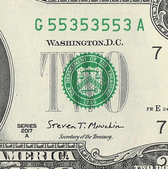 Binary Two Dollar Bill Fancy Serial Number 2017A $2 Binary 3s 5s
