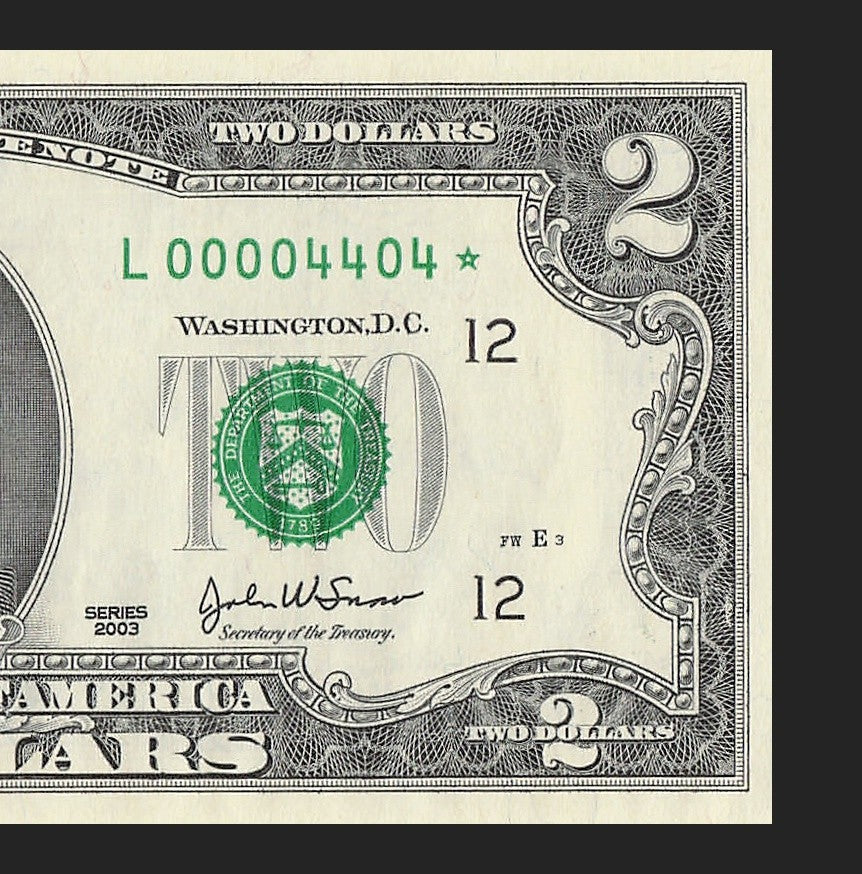 Binary Low Serial Number Star Note Two Dollar Bill L00004404* 4s 0s