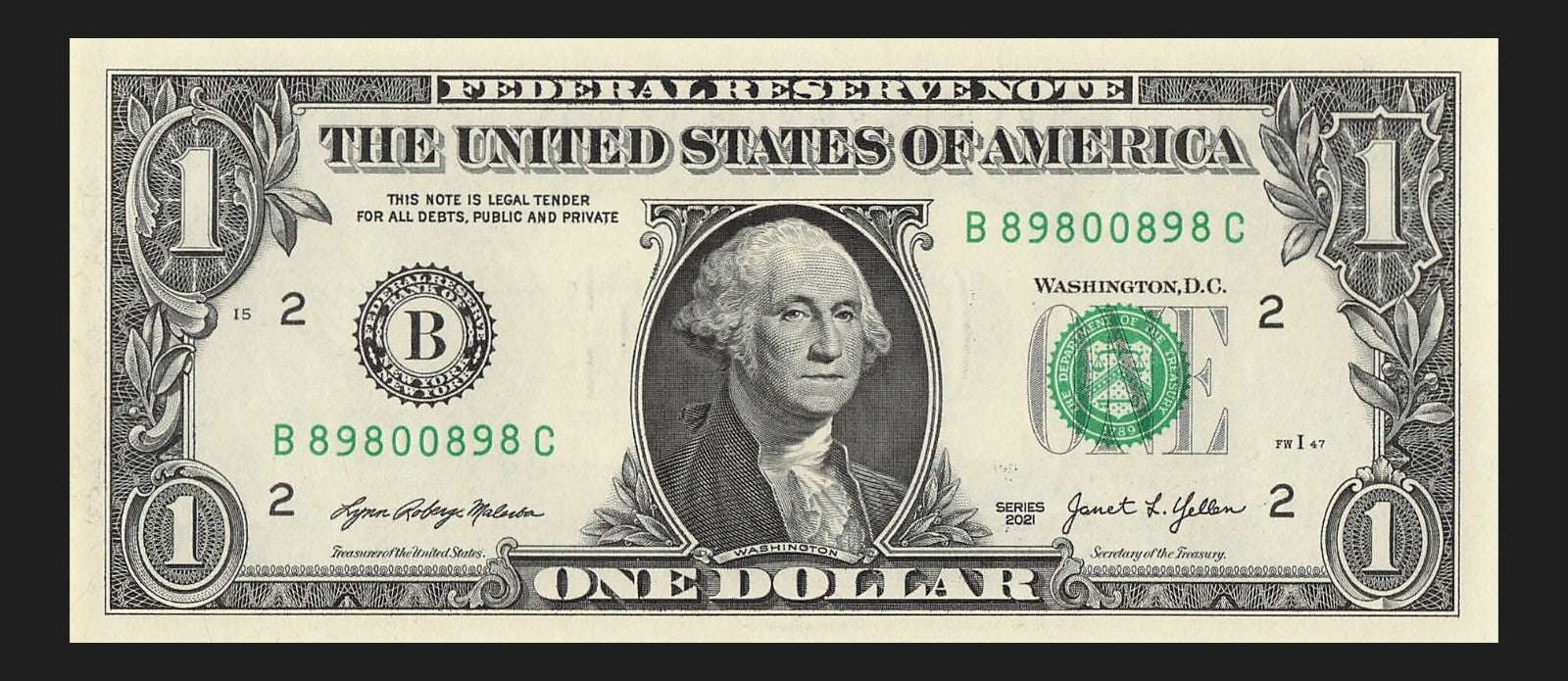 Radar Fancy Serial Number One Dollar Bill 2021 $1 BC Palindrome 0s 8s 9s Flipper