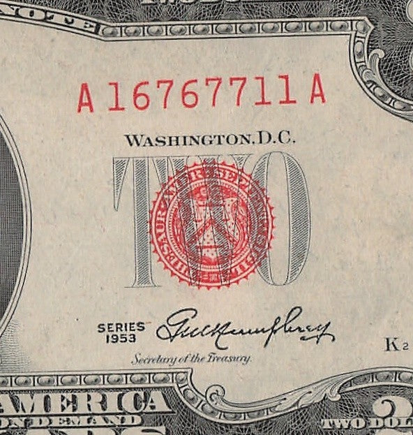 Trinary Fancy Serial Number Two Dollar Red Seal 1953 1s 6s 7s